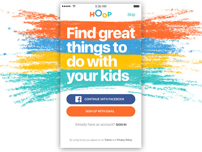 Hoop Welcome Screen app branding button colours facebook hoop identity ios signin signup skip welcome