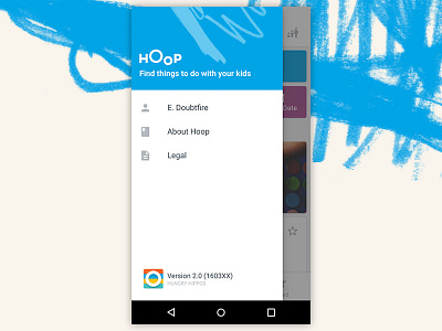 Hoop settings about android app blue hoop icon legal panel scrim settings side