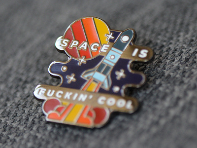 Space is Fuckin' Cool blast off color lapel pin metal pin planet space spaceship stars vector