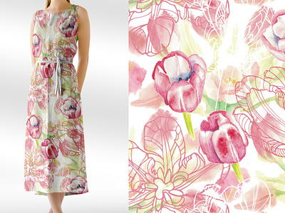 Watercolor tulip flowers. Seamles pattern. aquarelle fabric flower handmade illustration seamless pattern textile tulip watercolor
