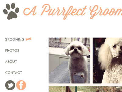 A Purrfect Groomer navigation pet grooming social icons typography woof