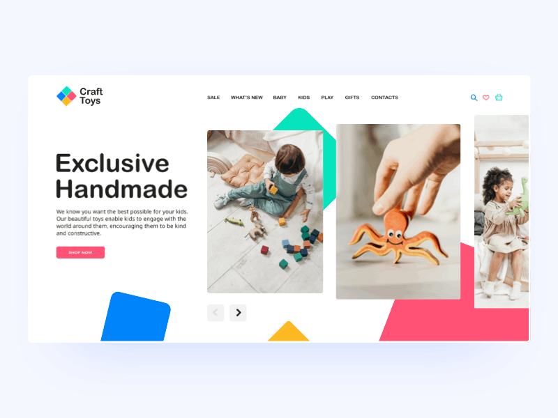 Handmade Toys, animation concept animation button clean ui color design desktop eccomerce geometry interaction kids minimal motion design page shape ui uidesign uiux web web design webdesign