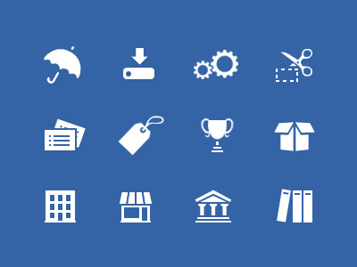 Icons blue books building download gears glyph icons price tag recipe cards scissors temple trophy umbrella