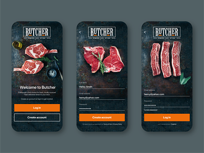 Daily UI 001 - Butcher app app butcher create account dailyui dailyui 001 design food log in meat mobile register screens sign up sketch ui ux uxui