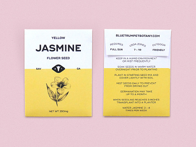 Blue Trumpet Packaging Prototype blue trumpet flower illustration jasmine mattymatt packaging pink ridley grotesk seeds yellow