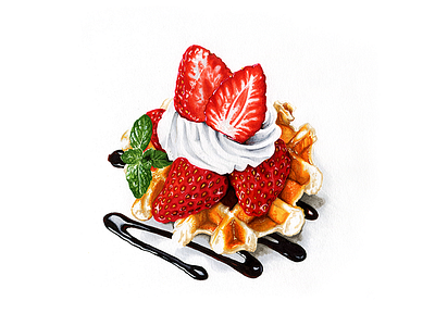 Strawberry waffle copic drawing food red strawberry sweet tasty waffle