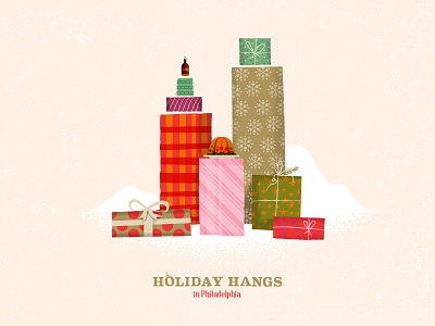 Holiday Hangs in Philadelphia christmas holiday illustration mid century philadelphia presents skyline texture