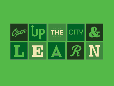 Open up the city and learn. blocks green typography vector