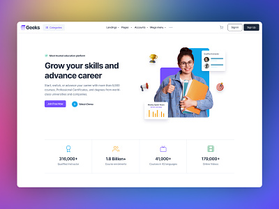 Geeks UI - eLearning, Academy & Courses Theme academy bootstrap theme course courses design systems e learning education figma geeks ui homepage landing page learning lms school student ui uidesign uikit university webdesign