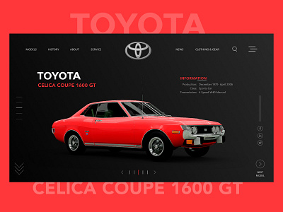 Toyota Celica Coupe 1600 GT Landing Page 1600 gt adobe xd adobexd black car cars dailyui dark design design art landing page landing page concept landing page ui product page toyota toyota vintage ui web webdesign