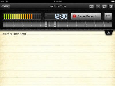 Audiotorium Notes app audio design ios ipad leather notes paper record recording skeuomorphism ui