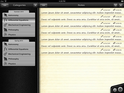 Audiotorium Notes Home app audio design ios ipad leather notes paper record recording skeuomorphism ui