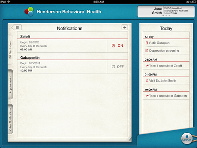 Health App Reminders agenda app design doctor medical medication notifications tabs ui