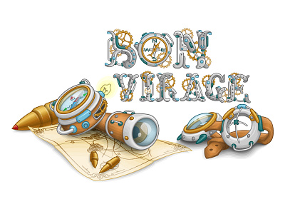 Bonvirage Logo bullet compas game gear googles illustration logo map spyglass steampunk title vector