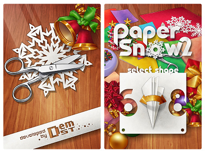 Papersnow 2 Splash And Main Screen app bell christmass design game ios paper scissors snow snowflake ui vector