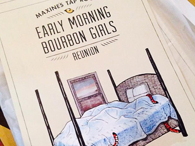 Final Early Morning Bourbon Girls Poster bed colored pencil drawing gig poster illustration music poster room tiger typography
