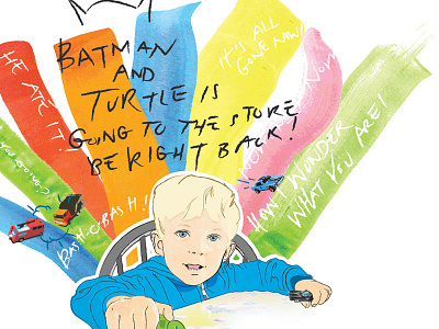 Batman and Turtle is Going to the Store Be Right Back! batman cars childhood colorful drawing editorial hand lettering illustration kids lettering toddlers turtles
