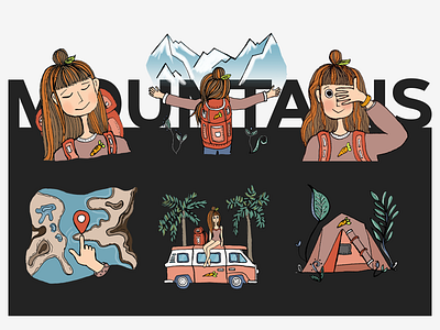 Stickers for Telegram adventure camping hiking illustration mountains nature outdoor rock stickers tent van