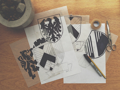 Shield Sketches badge branding castle eagle graphic design illustration ink lion markers paper shield sketch