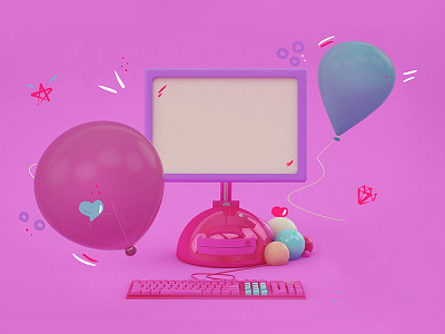 3D Computer & Ballons 3d baloon computer girl graphic illustration layout light party pink render tech