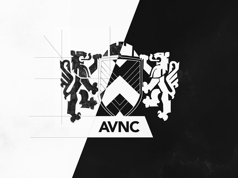 AVNC Logotype in progress branding digital sketch white black lion shield logotype logo progress