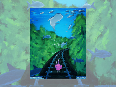 A.Ko blue bubbles digital art digital painting fish forest girl green illustration photoshop pink railroad trees underwater water whale