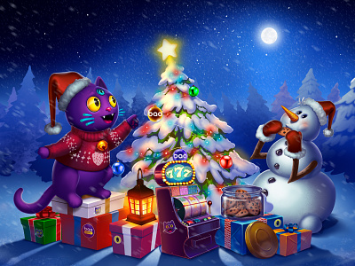 Bao Casino Happy New Year 2020 2020 art bao baocasino cat character christmas christmas tree illustration newyear snowman