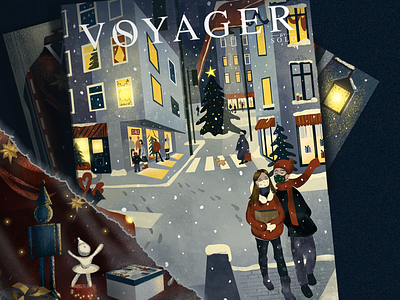 SOLO VOYAGER WINTER COVER 2d bookcover children book christmastree christmst city couple design drawing gifts illustration illustratted love magazinecover new york painting photoshop shopping snow winter