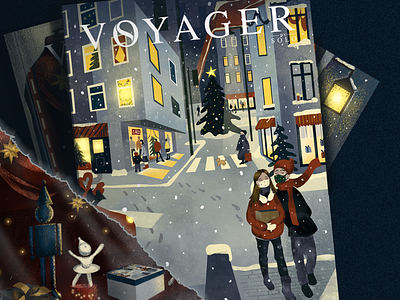 SOLO VOYAGER WINTER COVER 2d bookcover children book christmastree christmst city couple design drawing gifts illustration illustratted love magazinecover new york painting photoshop shopping snow winter