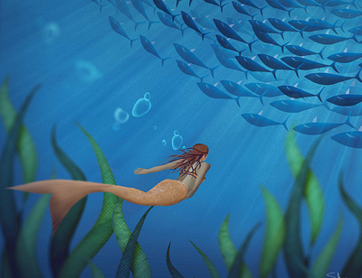 Follow me into Deep artstudio blue concept art creative deepsea design fantasy illustration illustrations mermaid poster sea
