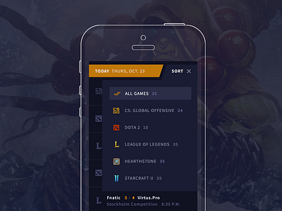 Mobile Sort View - eSports Bet Exchange bet exchange betting counter strike dark ui esports gaming league of legends mobile sketch 3 table user interface video games