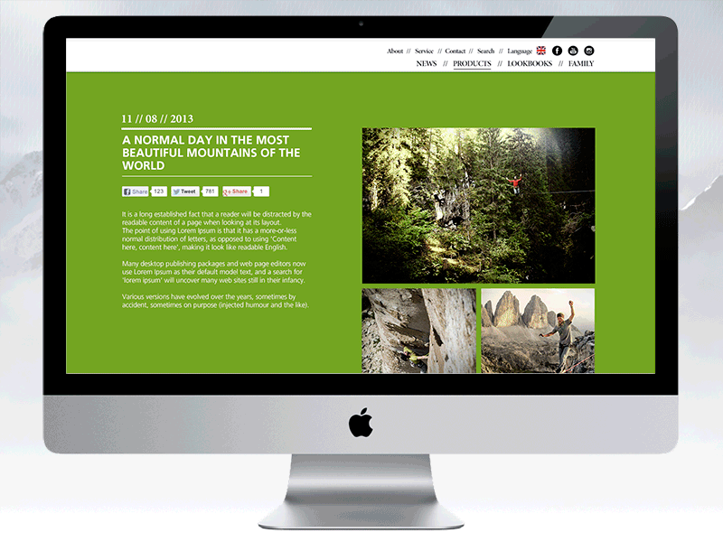 Website screendesign outdoor apparel - news section apparel mountains outdoor screendesign sport website