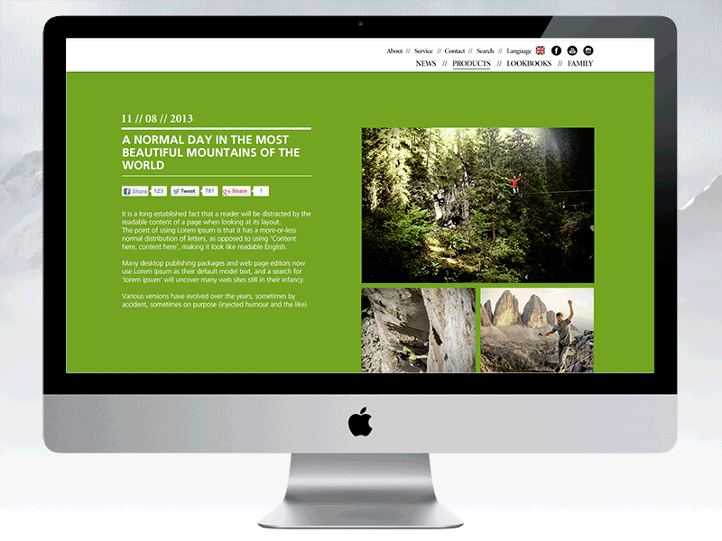 Website screendesign outdoor apparel - news section