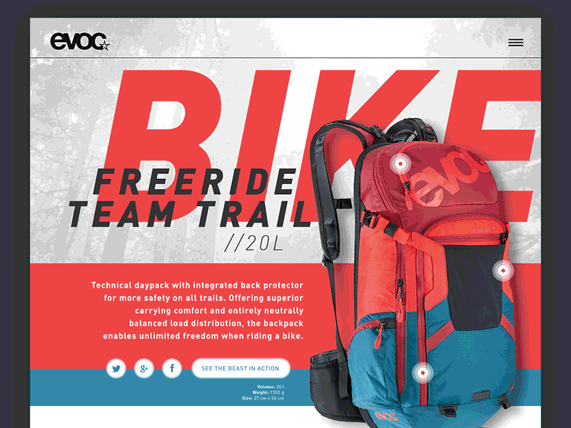 Evoc product detail page concept backpack bike bike gear bold evoc freeride logo mountainbike mtb type ux website