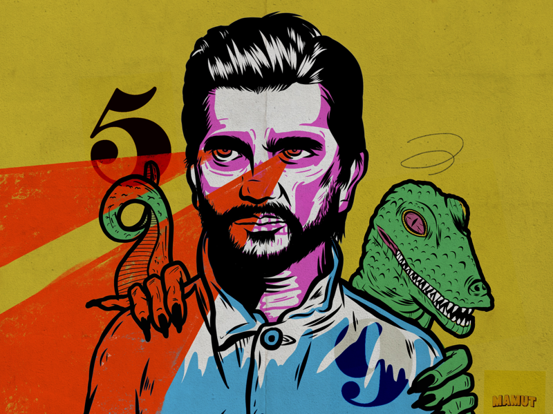 Behind You yellow eyes laser typography skull reptile modern pulp mamut procreate collage illustration