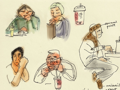 Lunch break sketches illustration people watercolour