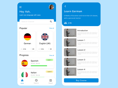 Language Learning App Concept challenge concept design learning app learning platform mobile ui ublabs uidesign