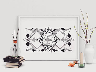 Abstract artwork art in decor black liner dotwork dynamics geometric handmade lineart mockup paper art white paper