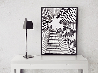 Artwork “In city” artwork black black liner design dotwork liner white paper