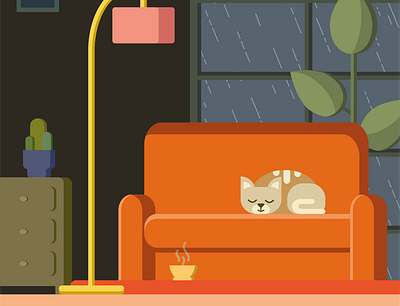 cat autumn cat design evening fall flat flat illustration home illustraion vector warm colors