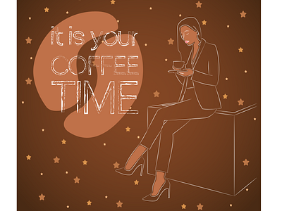 Coffee time braun coffee coffee cup coffeetime flat illustration girl illustration lineart lines stars white