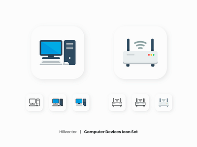 Computer Devices Icon Set | 3 Style Preview computer design desktop device devices flat harware icon icon set line pc router ui wifi