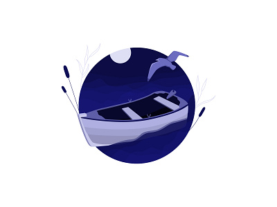 Boat bird boat flat illustration moon ocean violet