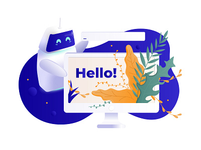 Hello code computer flowers illustration robot technology web