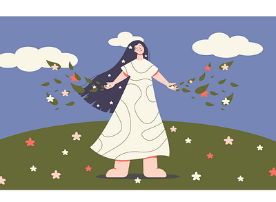 Spring girl design field flat flowers girl illustration spring vector