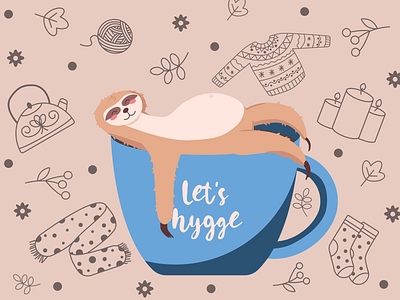 Chillin' cozy cup design flat hygge illustration scarf sloth sweater vector