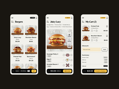 Foode Delivery // Product Listing / Product / Cart app burger delivery design e commerce ecommerce food mobile ui ux