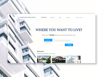 Real Estate Agency Design Project blue clean clear dark blue design flat home page homepage modern real estate search search bar web webdesign website white