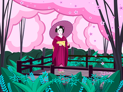 Geisha In The Sakura Garden character garden geisha green illustration japanese kimono pink sakura scenery