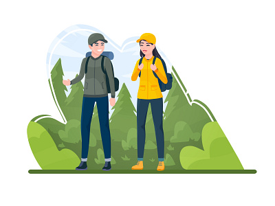 Hiking 2d activity couple dribbble flat forest hiking illustration nature summer tourism trekking vector